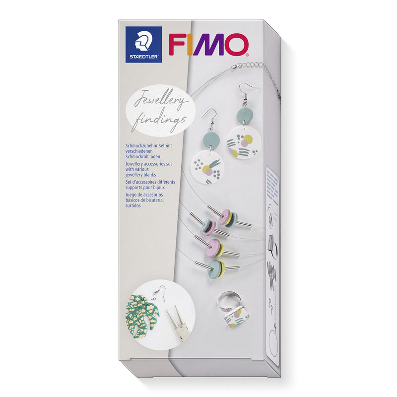 Upright FIMO jewellery findings box in grey and white with Jewellery findings script, earrings, a ring and threaded clay discs on the front