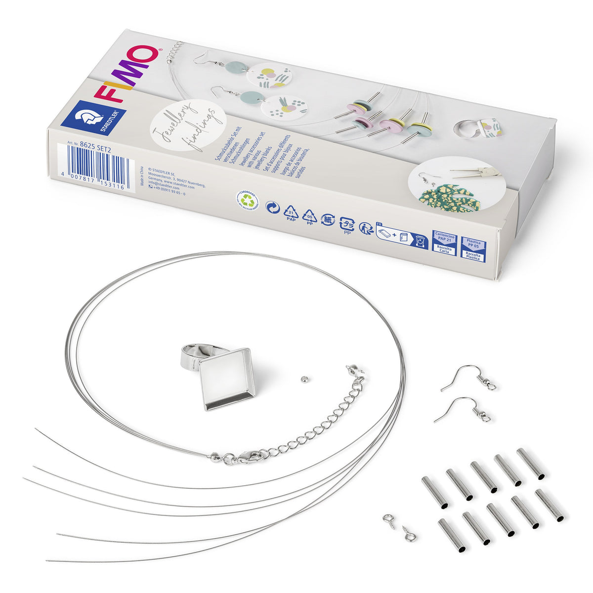 FIMO 8625 SET2 box lying flat with its findings laid out below: wire necklace, ring blank, chain with clasp, earring hooks and metal tubes