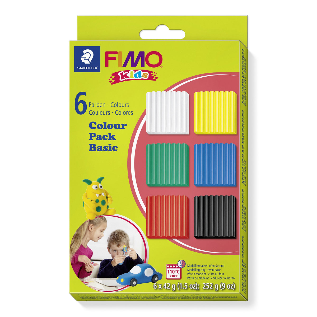 FIMO kids Colour Pack Basic box in lime green with six clay blocks in white, yellow, green, blue, red and black and two children modelling