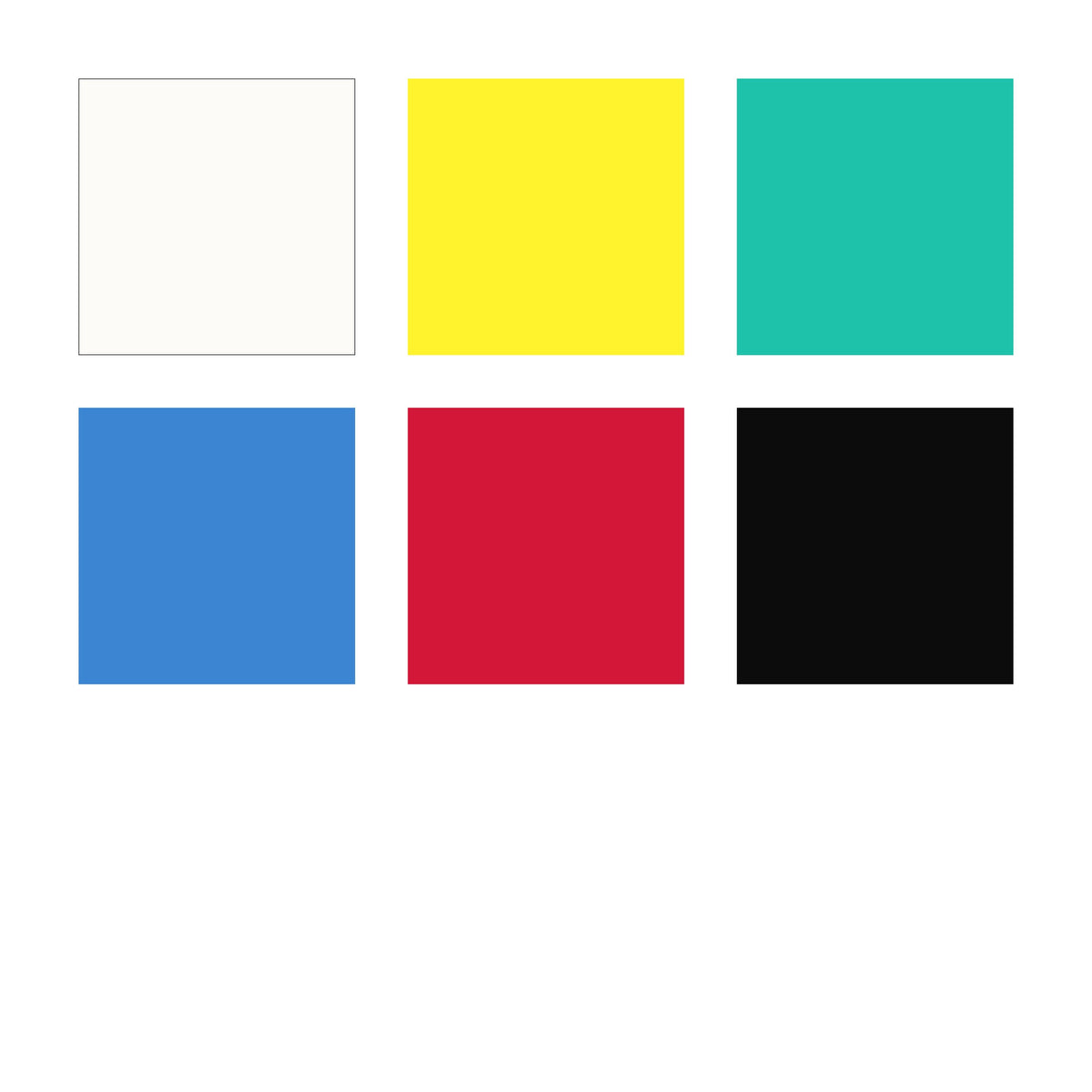 Colour chart of the six FIMO kids shades in the Basic pack: white, yellow, green, blue, red and black squares