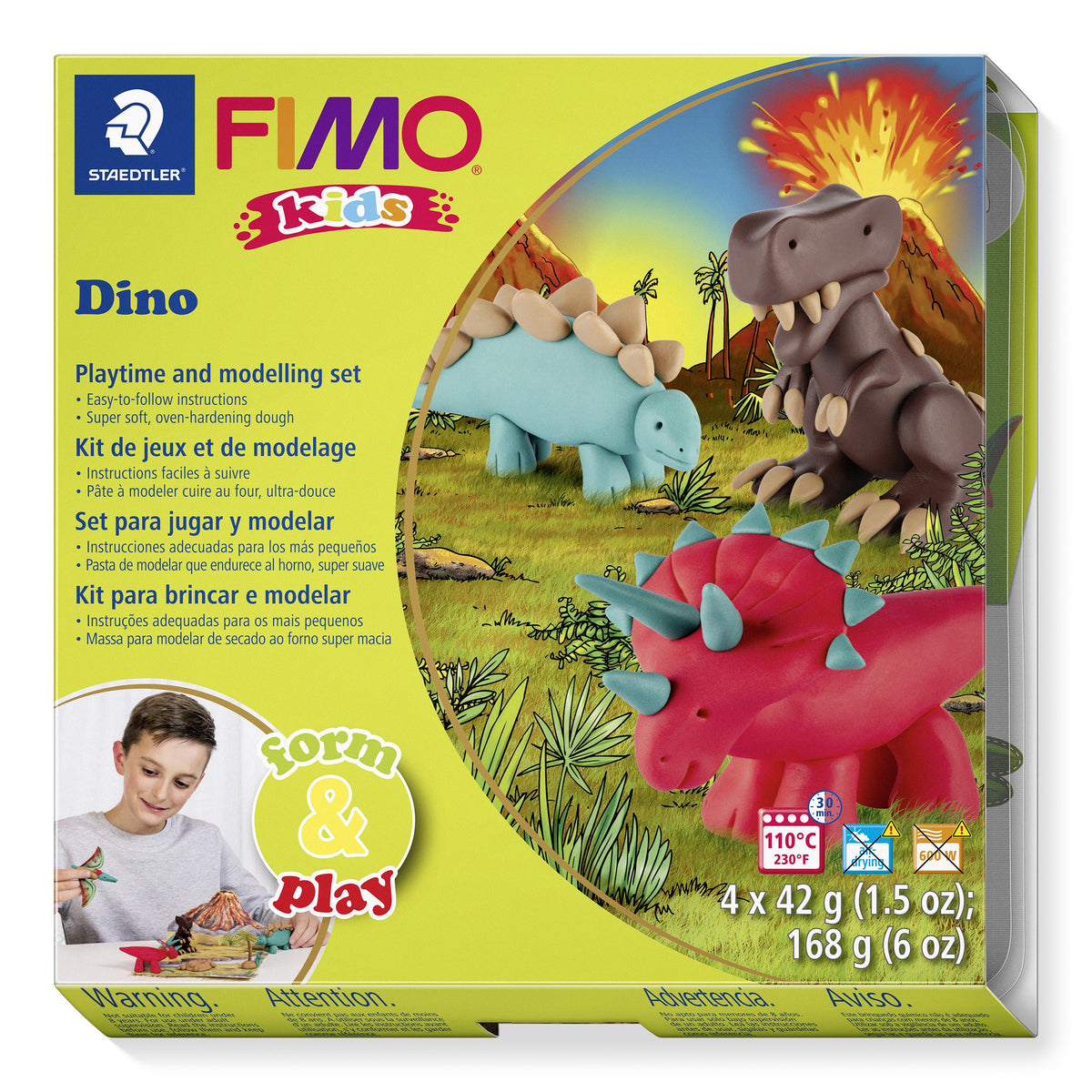 FIMO kids form and play Dino box with red, teal and brown clay dinosaurs in front of a smoking volcano
