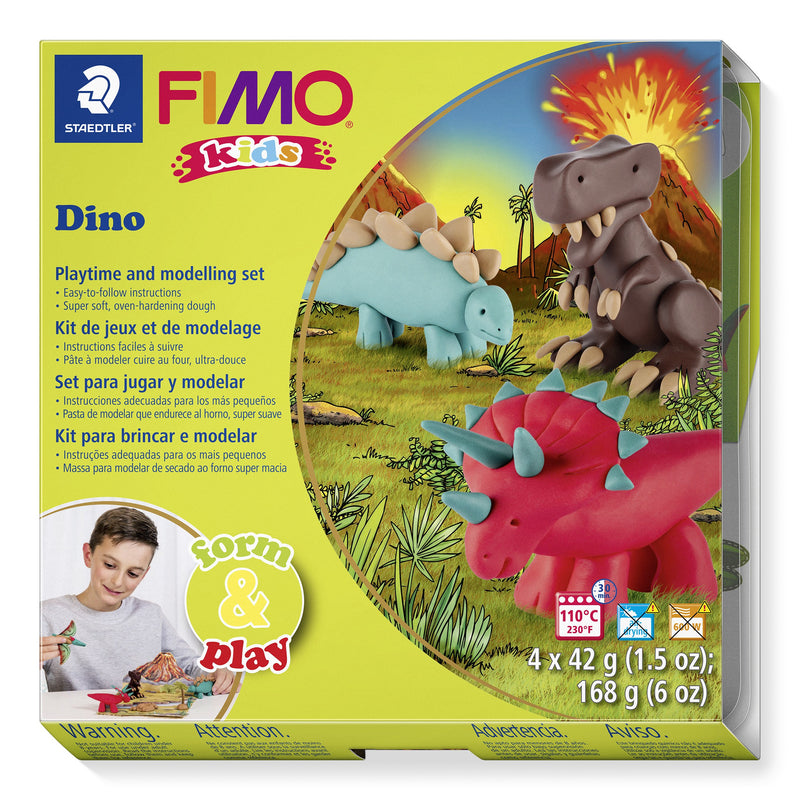 FIMO kids form and play Dino box with red, teal and brown clay dinosaurs in front of a smoking volcano