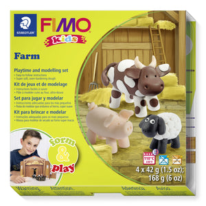 FIMO kids form and play Farm box with clay cow, pig and sheep on straw in a barn, 4 x 42 g printed on the front