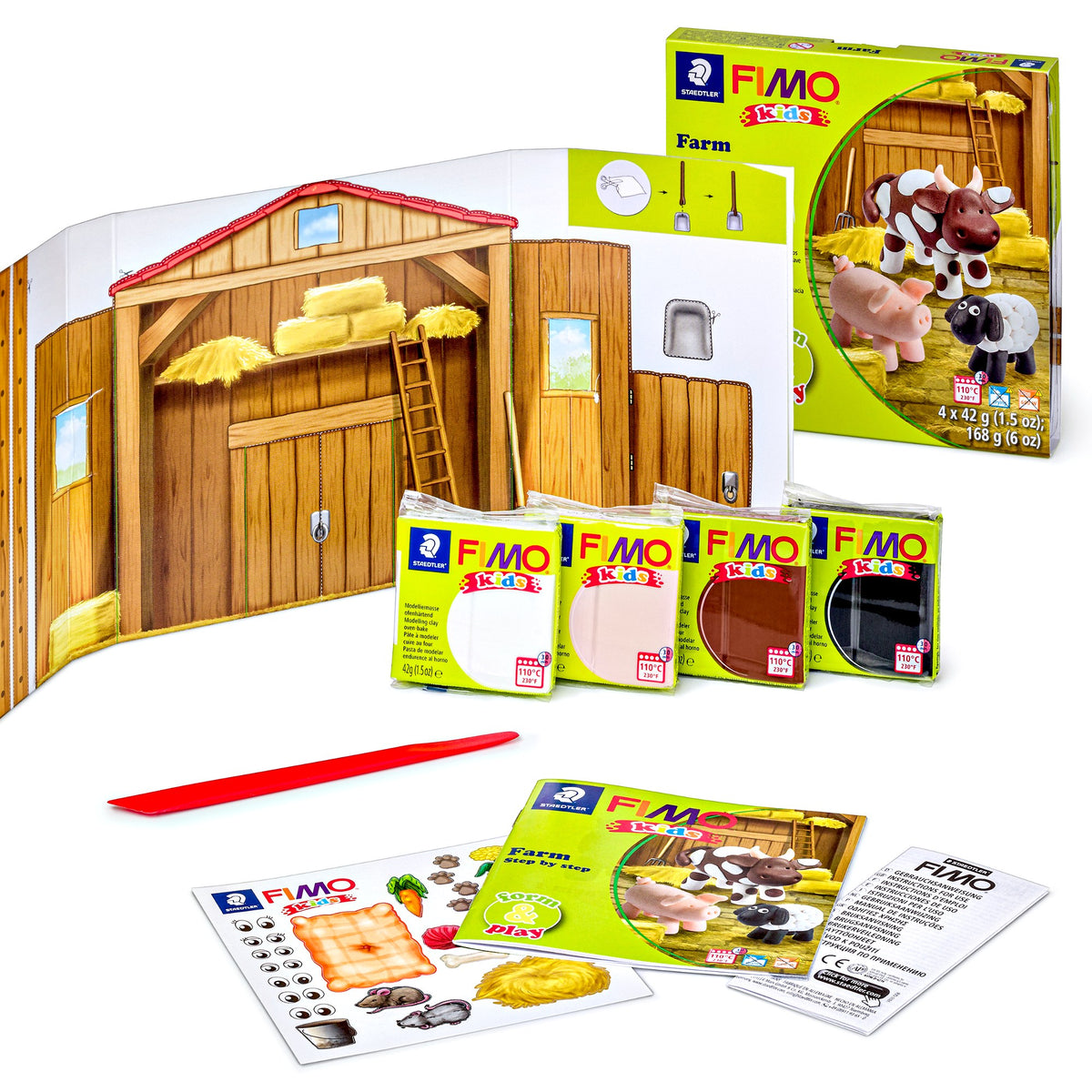 Farm set contents: fold-out barn backdrop, four clay blocks, red modelling stick, instruction booklet and sticker sheet