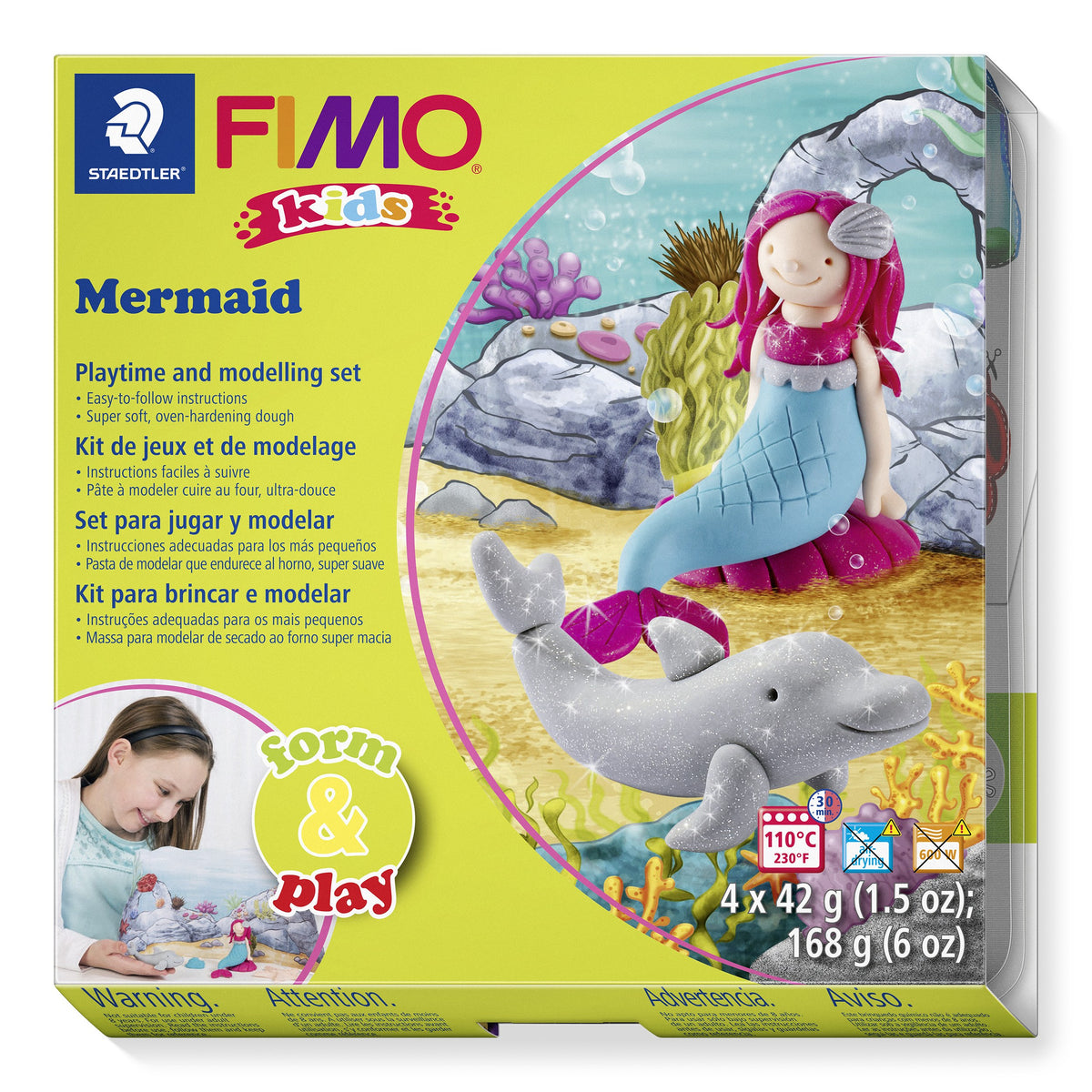 FIMO kids form and play Mermaid box showing a clay mermaid with pink hair and a turquoise tail beside a grey dolphin