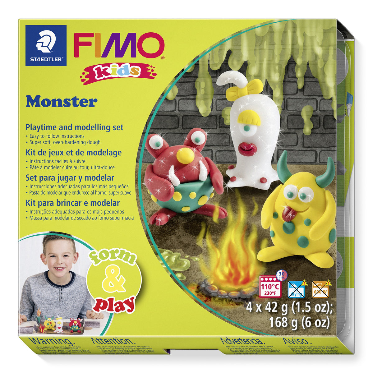 FIMO kids form and play Monster box with a white ghost monster, yellow horned monster and red monster by a campfire