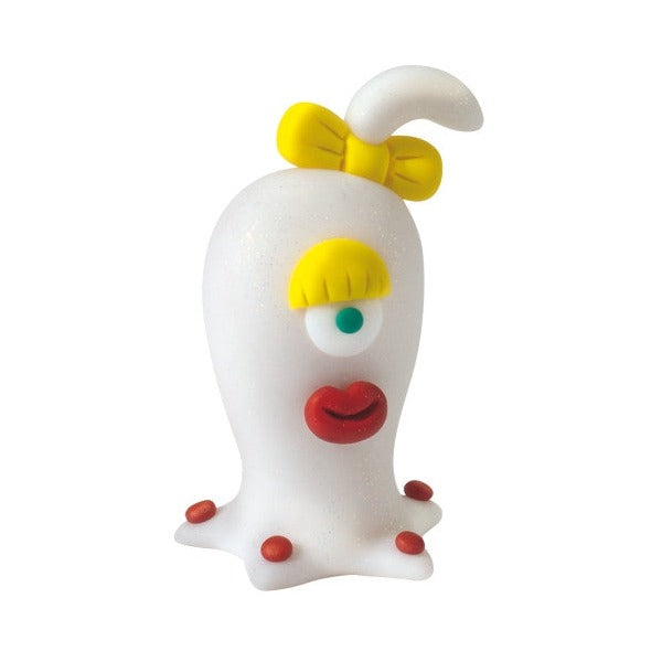 One-eyed white clay ghost monster with red lips and a yellow bow