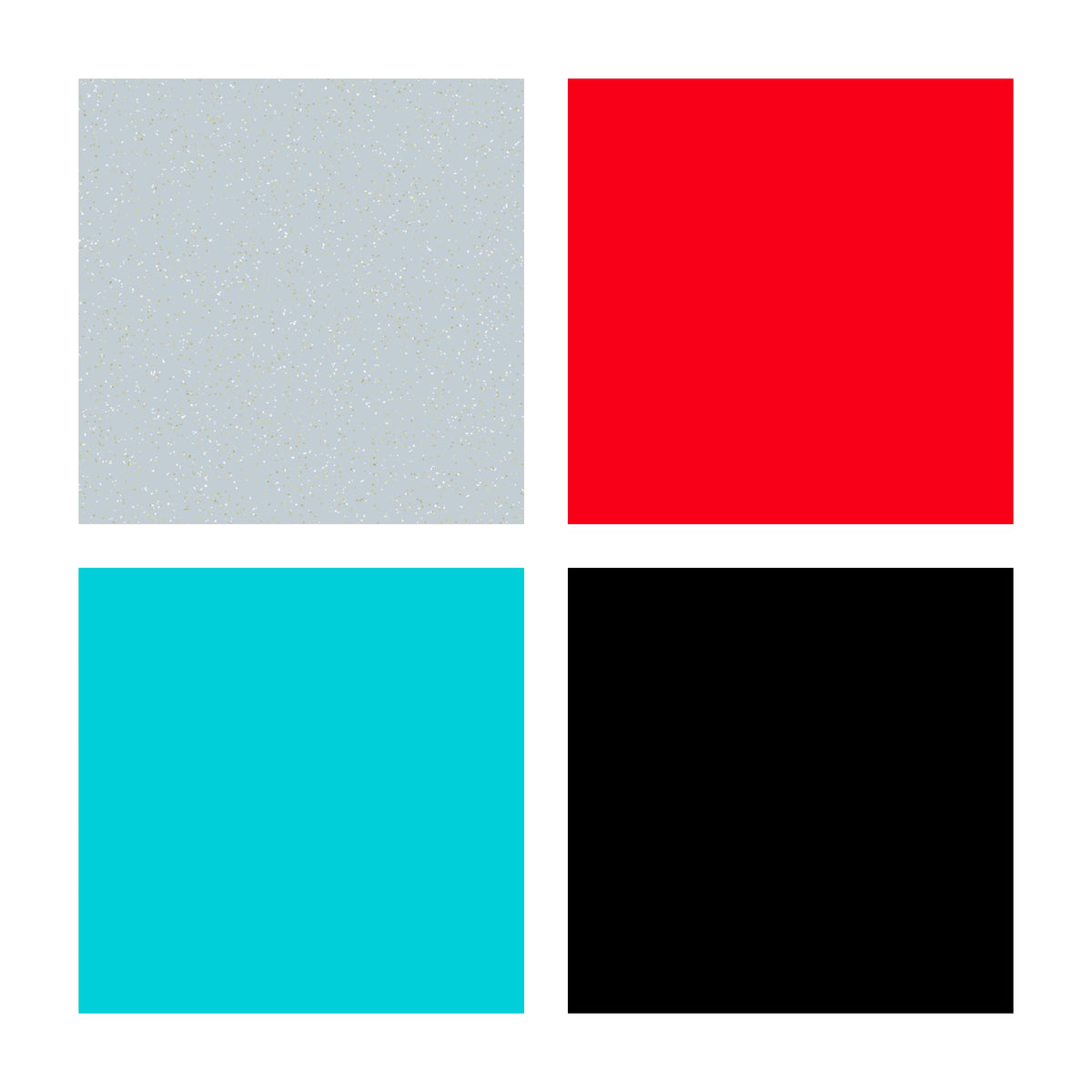 Four colour swatches for the FIMO kids Space set: glitter silver, red, turquoise and black