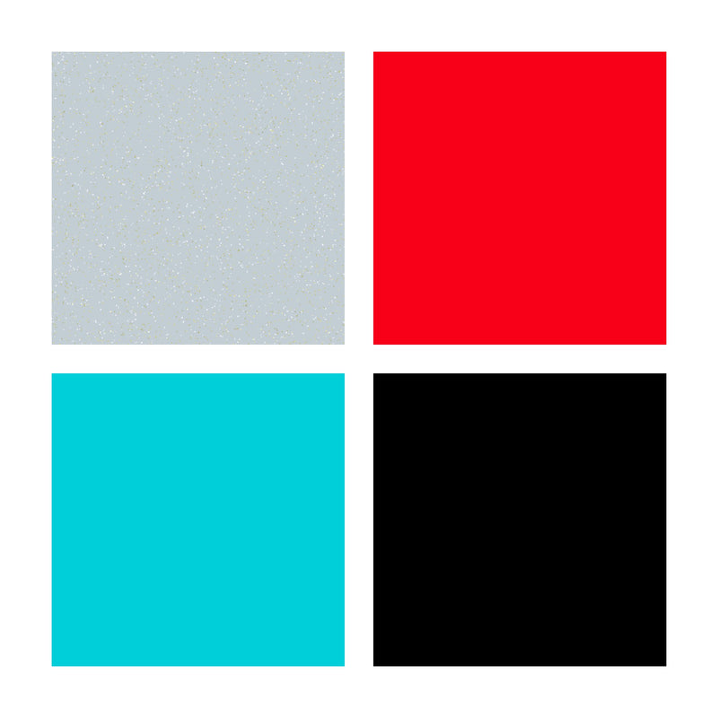 Four colour swatches for the FIMO kids Space set: glitter silver, red, turquoise and black