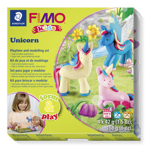Current FIMO kids Unicorn form and play box with cream, blue winged and pink unicorns, a girl modelling and 4 x 42 g (1.5 oz), 168 g (6 oz) on the front