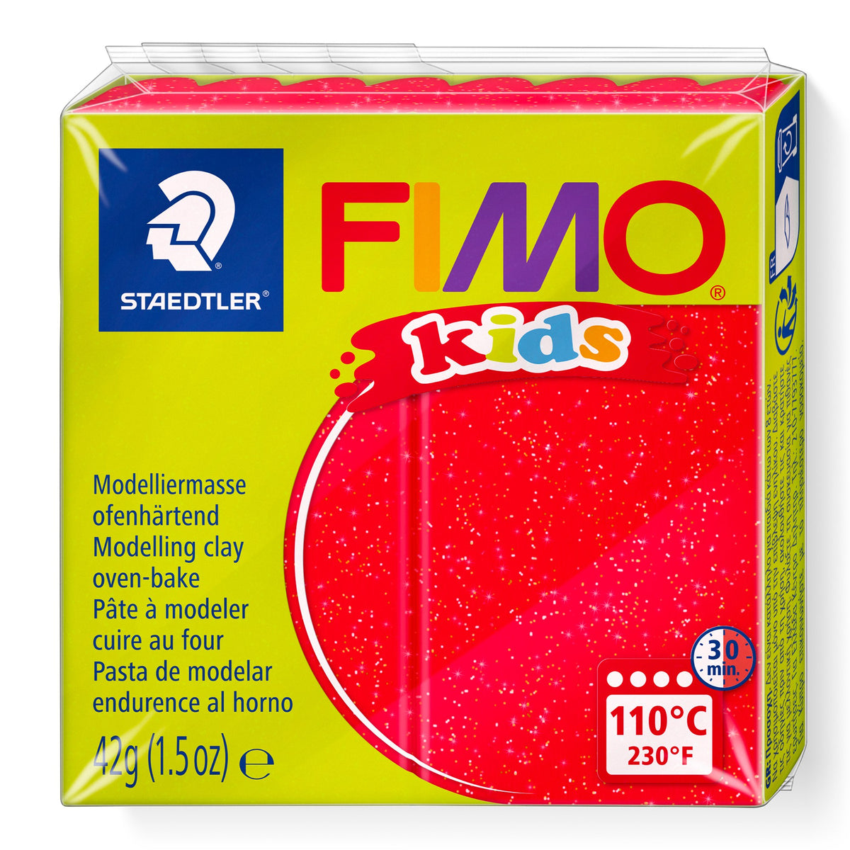 Staedtler FIMO kids glitter red 42g pack, lime green wrapper with the FIMO kids logo, a sparkly red clay window and 110°C oven symbol