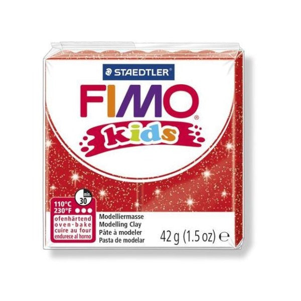 Earlier FIMO kids glitter red wrapper, white with a sparkly red panel, 42g and the oven-bake badge, shown as older packaging