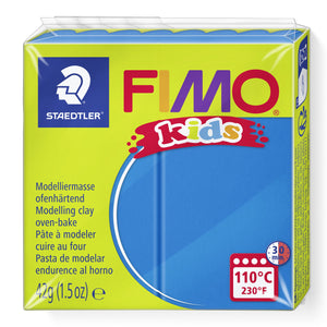 Current lime green FIMO kids pack of blue modelling clay 8030-3, showing the Staedtler logo, 42g (1.5oz) and the 110°C 30 min oven badge