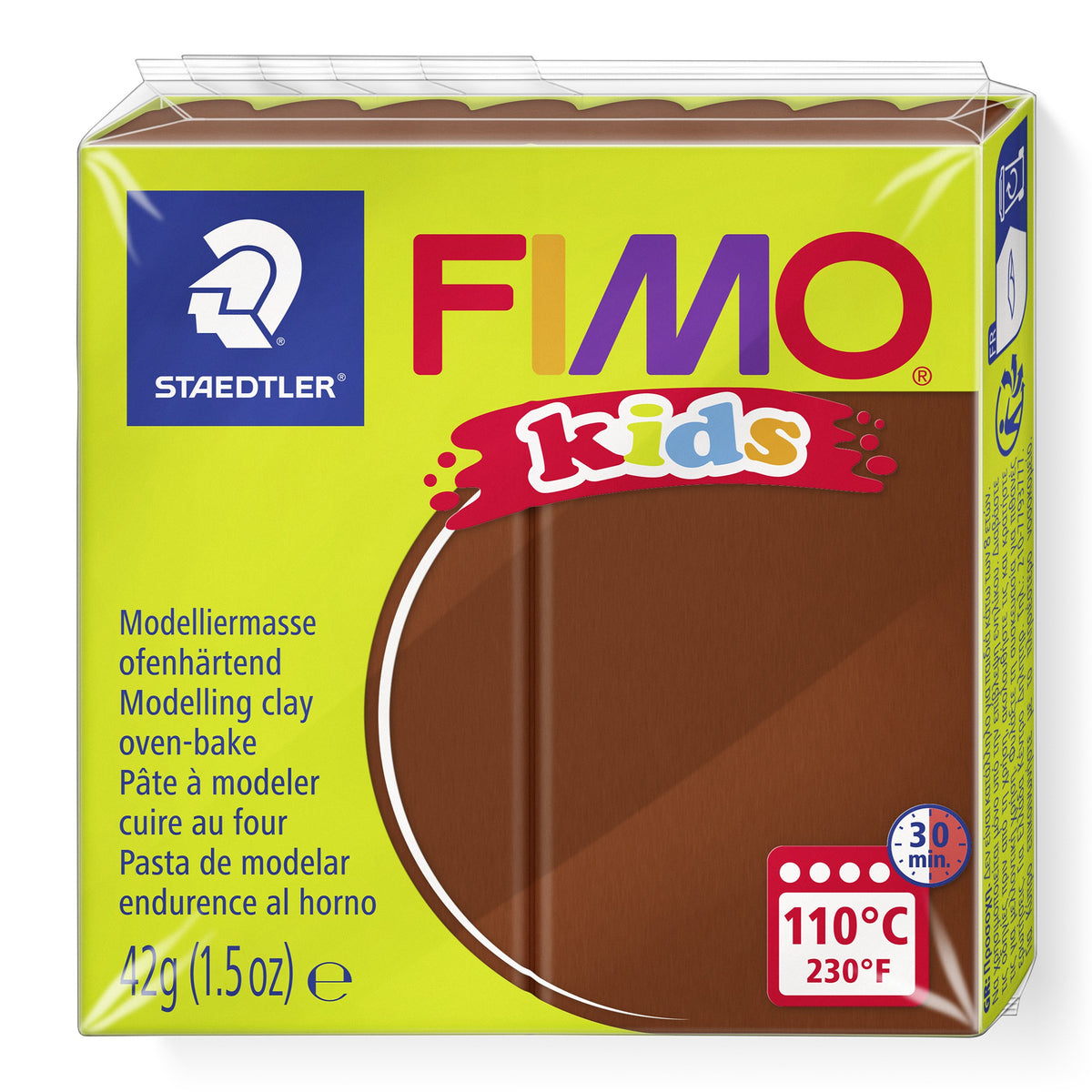 Current lime green FIMO kids pack of brown modelling clay 8030-7, showing the Staedtler logo, 42g (1.5oz) and the 110°C 30 min oven badge