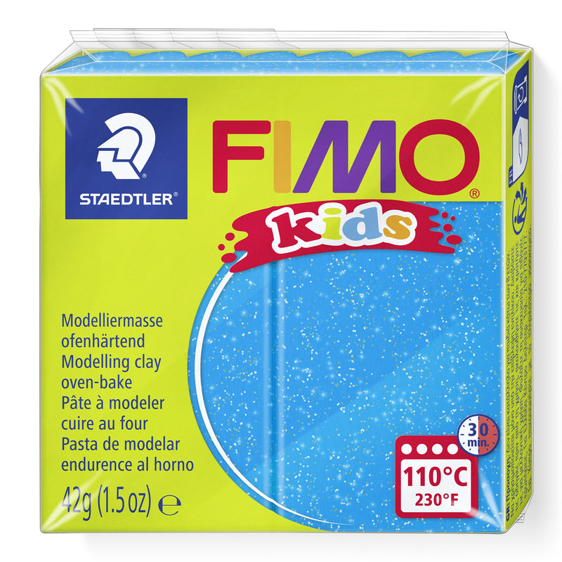 Current lime green FIMO kids pack of glitter blue modelling clay 8030-312, showing the Staedtler logo, 42g (1.5oz) and the 110°C 30 min oven badge