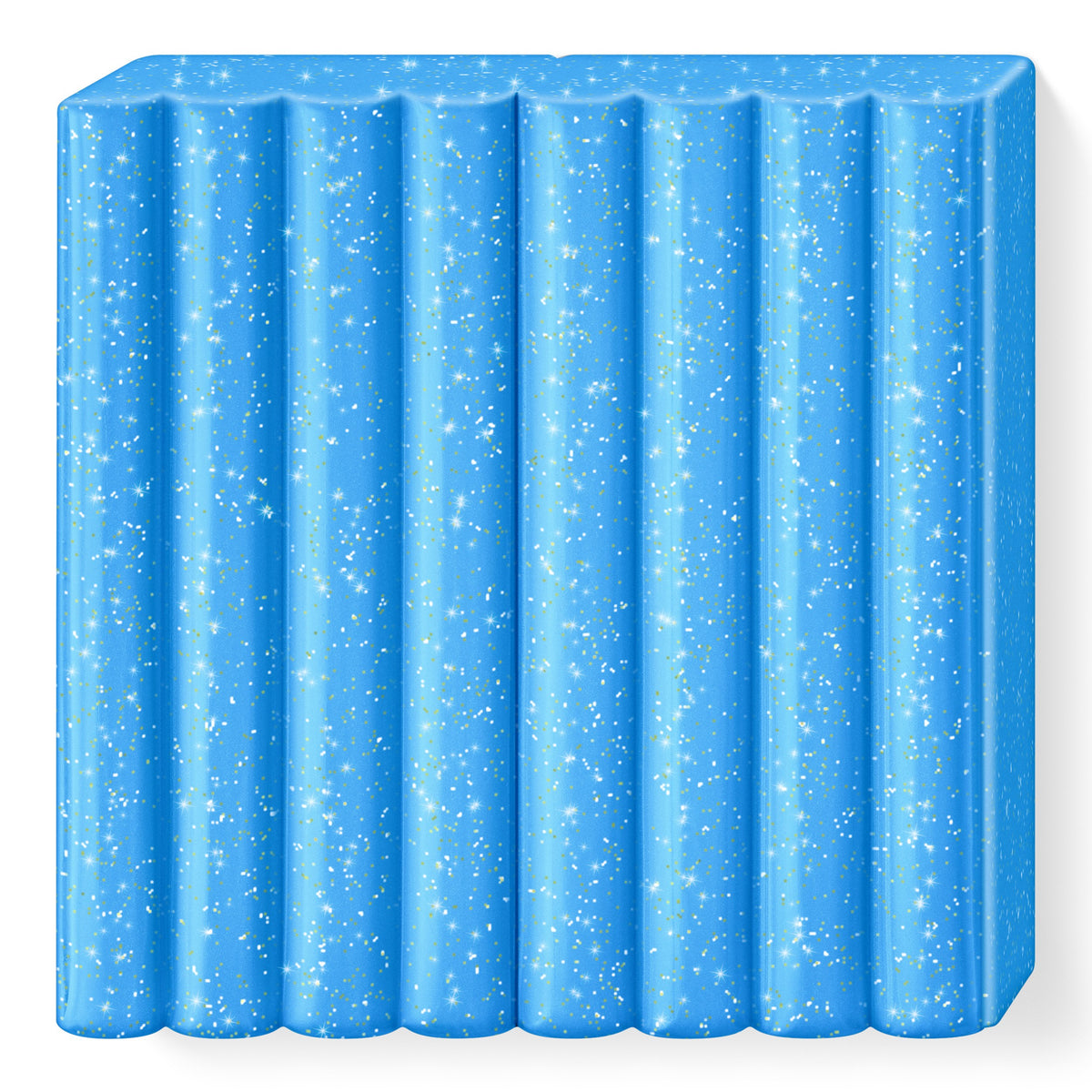 Unwrapped glitter blue FIMO kids block 8030-312 with fine sparkles visible across its 8 ribbed segments