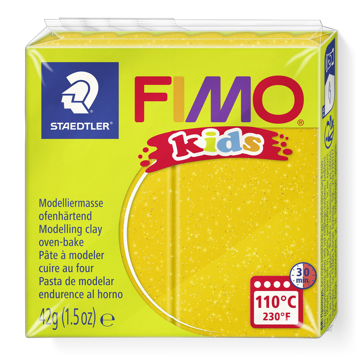 Current lime green FIMO kids pack of glitter gold modelling clay 8030-112, showing the Staedtler logo, 42g (1.5oz) and the 110°C 30 min oven badge