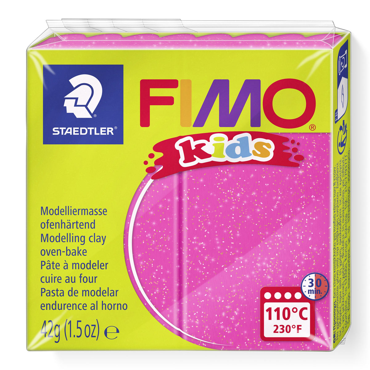 Current lime green FIMO kids pack of glitter pink modelling clay 8030-262, showing the Staedtler logo, 42g (1.5oz) and the 110°C 30 min oven badge