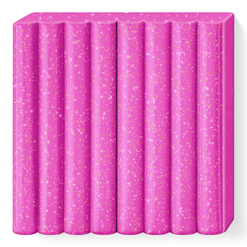 Unwrapped glitter pink FIMO kids block 8030-262 in vivid pink with glitter, showing its 8 segments
