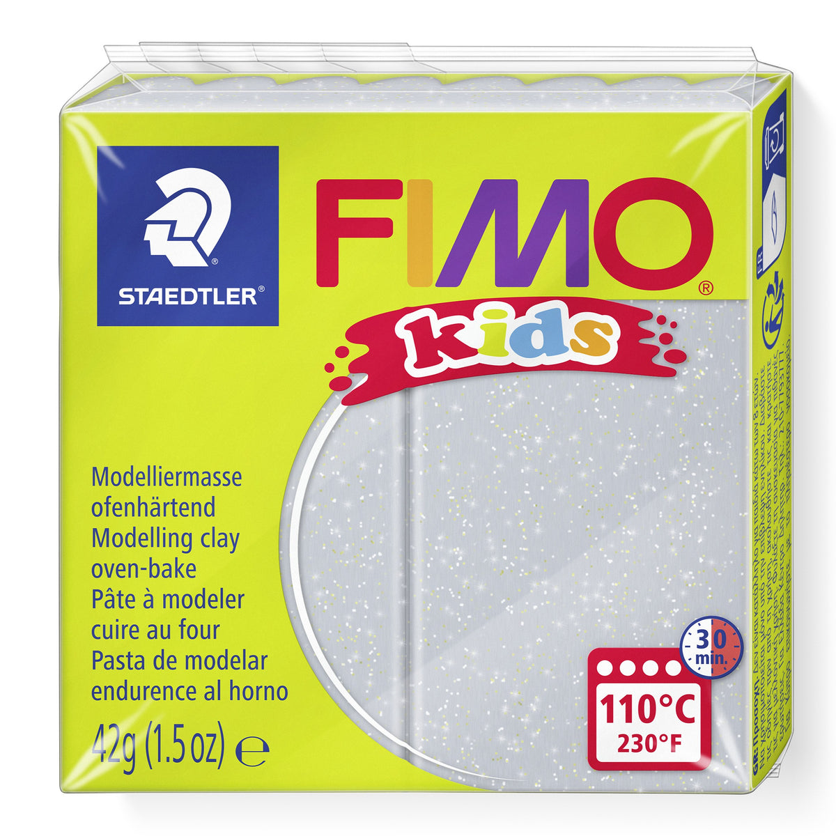 Current lime green FIMO kids pack of glitter silver modelling clay 8030-812, showing the Staedtler logo, 42g (1.5oz) and the 110°C 30 min oven badge