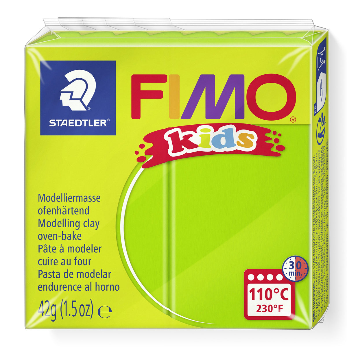Current lime green FIMO kids pack of light green modelling clay 8030-51, showing the Staedtler logo, 42g (1.5oz) and the 110°C 30 min oven badge