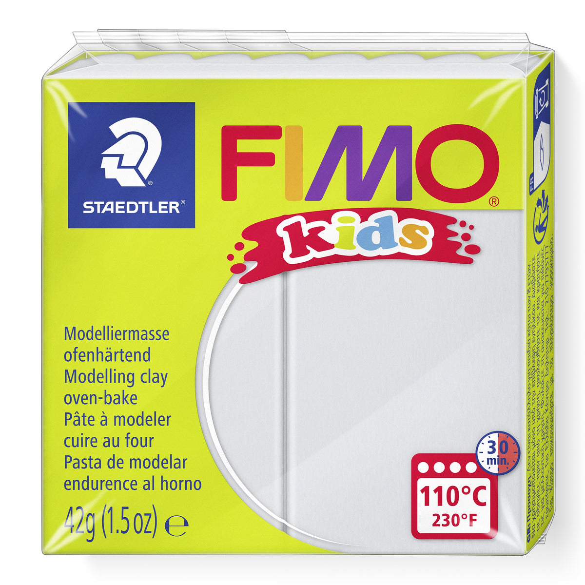Current lime green FIMO kids pack of light grey modelling clay 8030-80, showing the Staedtler logo, 42g (1.5oz) and the 110°C 30 min oven badge