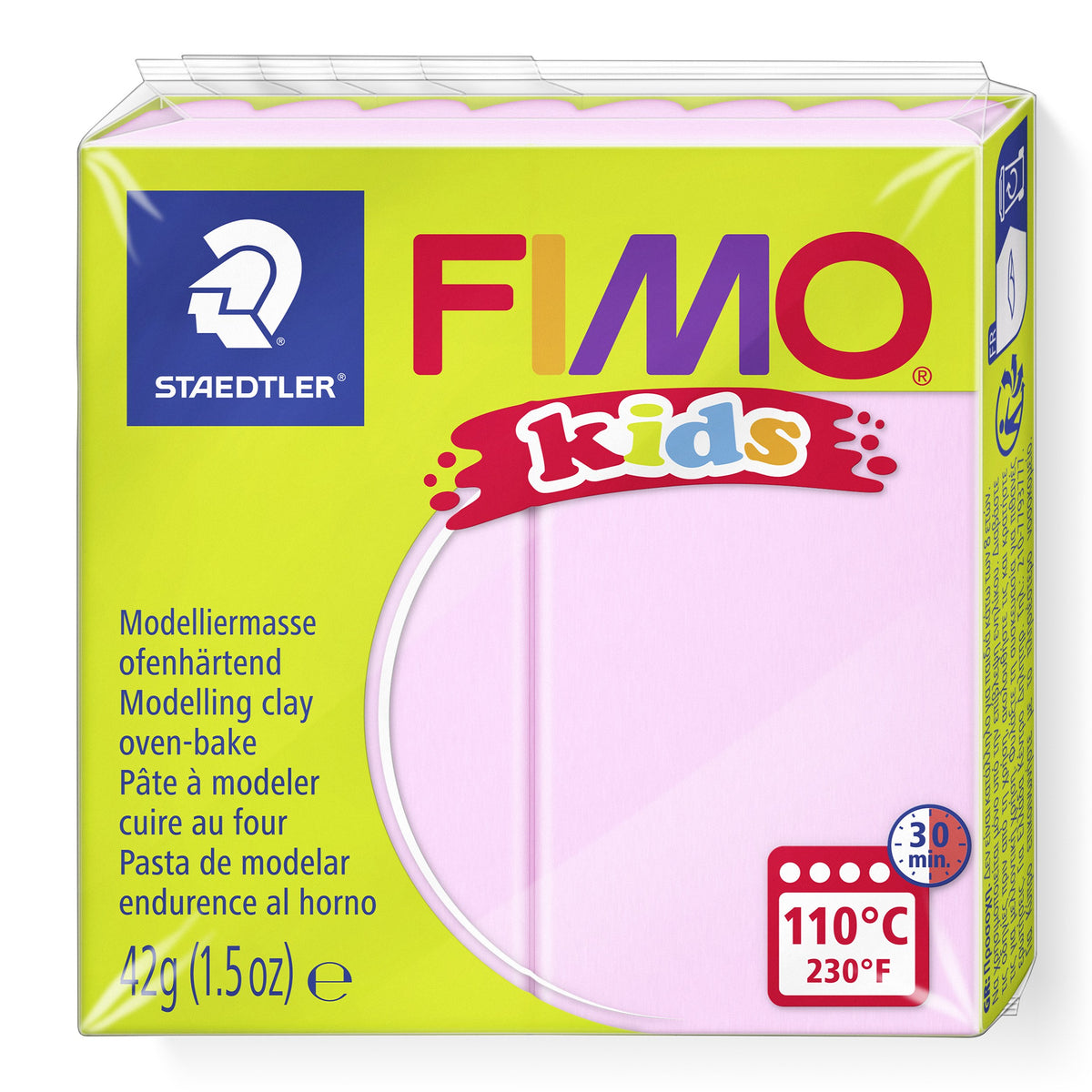 Current lime green FIMO kids pack of light pink modelling clay 8030-25, showing the Staedtler logo, 42g (1.5oz) and the 110°C 30 min oven badge