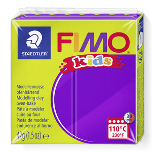 Current lime green FIMO kids pack of lilac modelling clay 8030-6, showing the Staedtler logo, 42g (1.5oz) and the 110°C 30 min oven badge