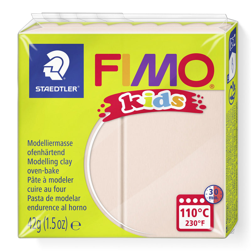 Current lime green FIMO kids pack of pale pink modelling clay 8030-43, showing the Staedtler logo, 42g (1.5oz) and the 110°C 30 min oven badge