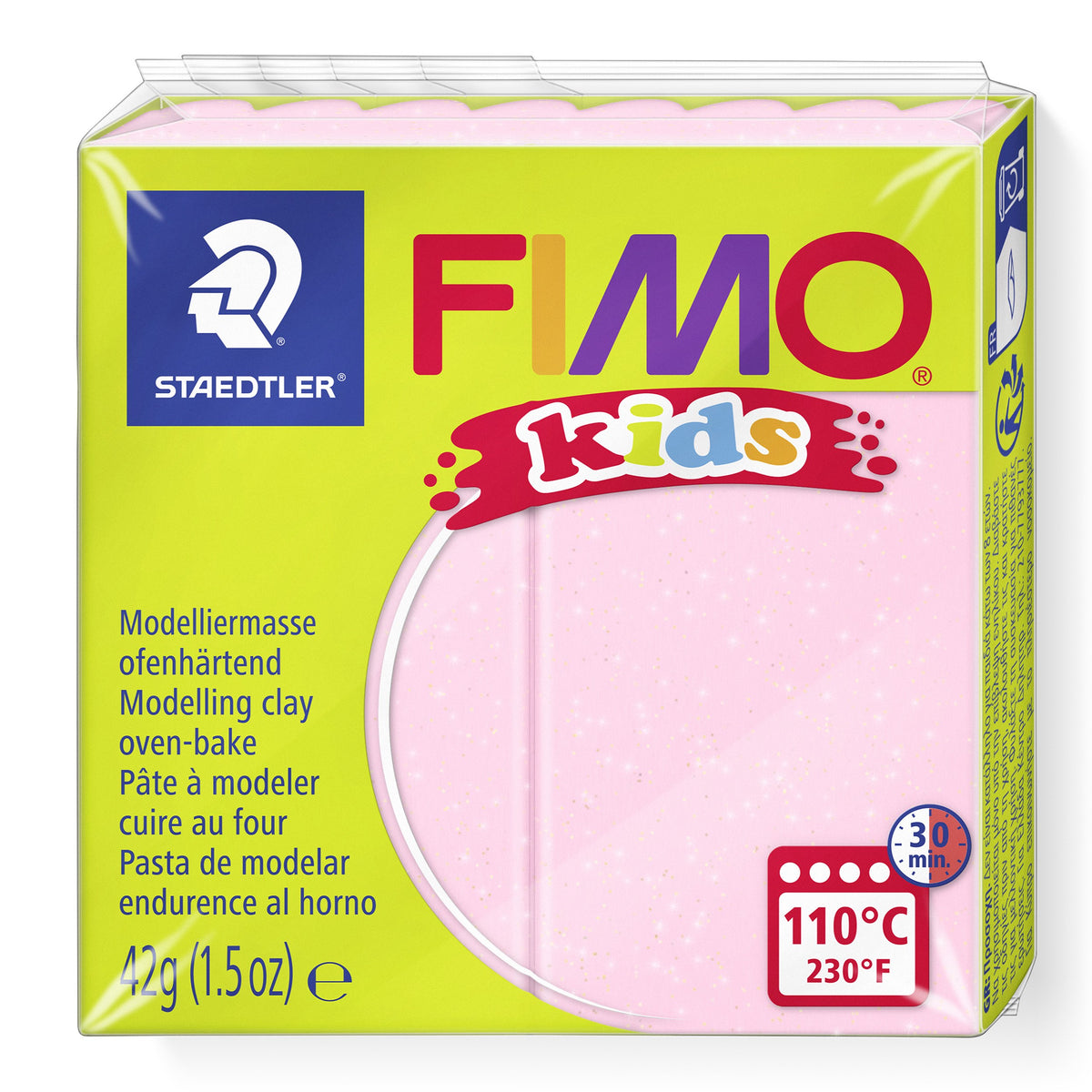 Current lime green FIMO kids pack of pearl light pink modelling clay 8030-206, showing the Staedtler logo, 42g (1.5oz) and the 110°C 30 min oven badge