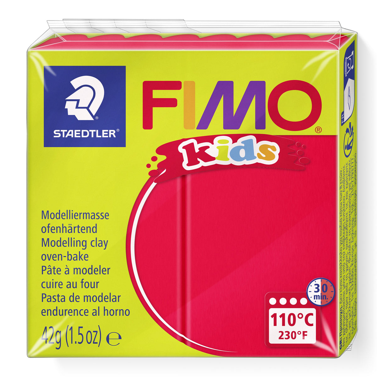 Staedtler FIMO kids red modelling clay 8030-2 in the current pack with lime-green band, 110°C 30 min oven symbol and 42 g printed