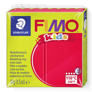 Staedtler FIMO kids red modelling clay 8030-2 in the current pack with lime-green band, 110°C 30 min oven symbol and 42 g printed
