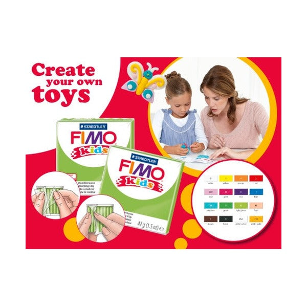 Staedtler Create your own toys display card with two FIMO kids packs, a colour chart and a parent modelling with a child