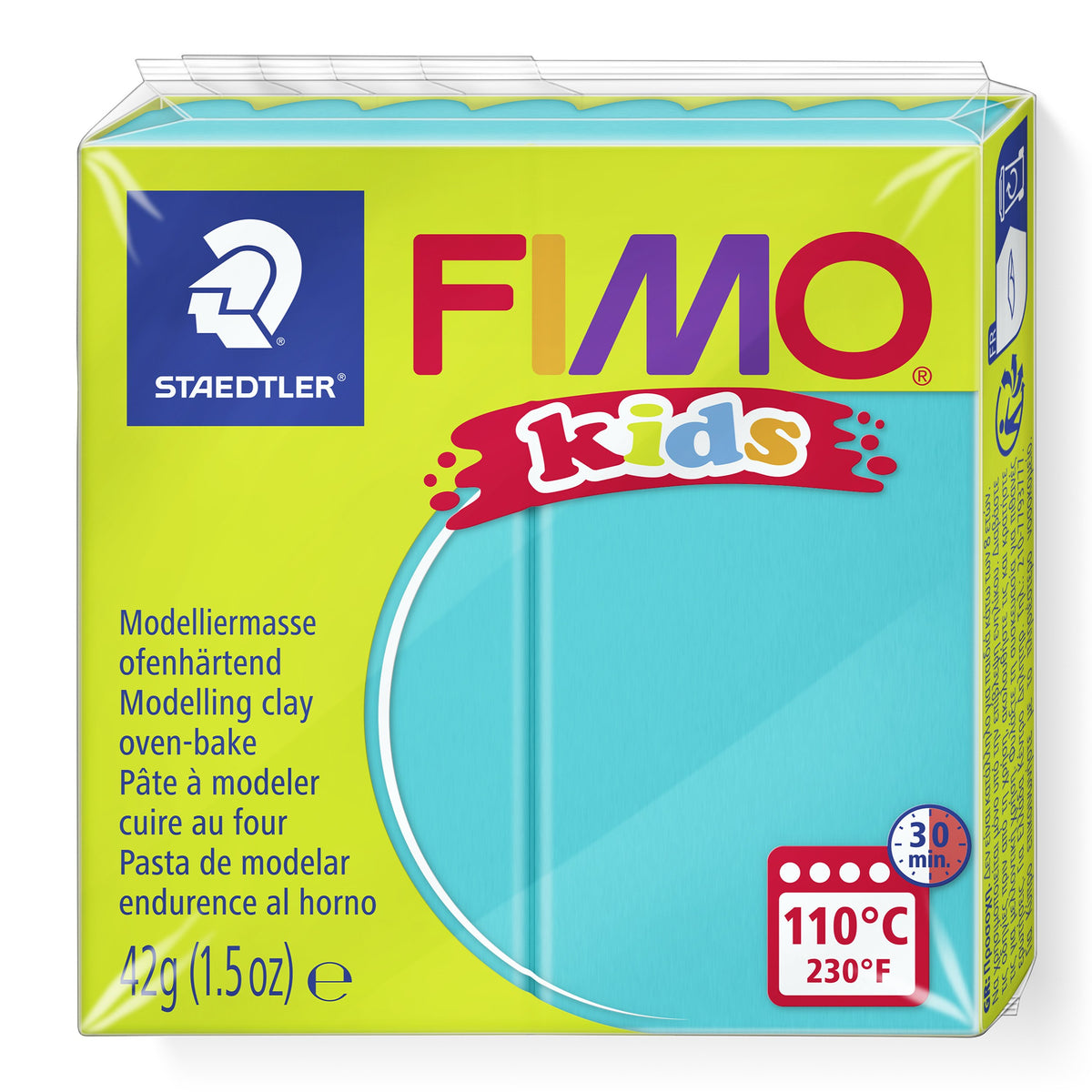 Staedtler FIMO kids turquoise modelling clay 8030-39 in the current pack with lime-green band, 110°C 30 min oven symbol and 42 g printed