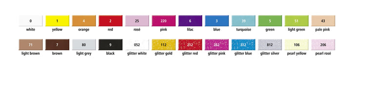 Staedtler colour chart of all 24 FIMO kids shades, each square labelled with its colour number and name