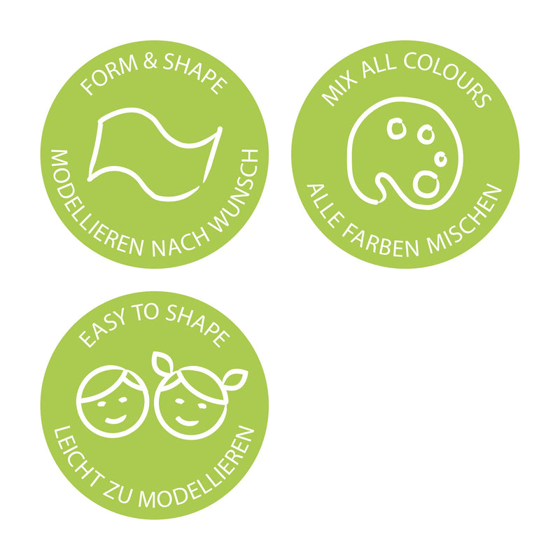 Three green Staedtler roundels for FIMO kids reading Form and Shape, Mix All Colours and Easy To Shape