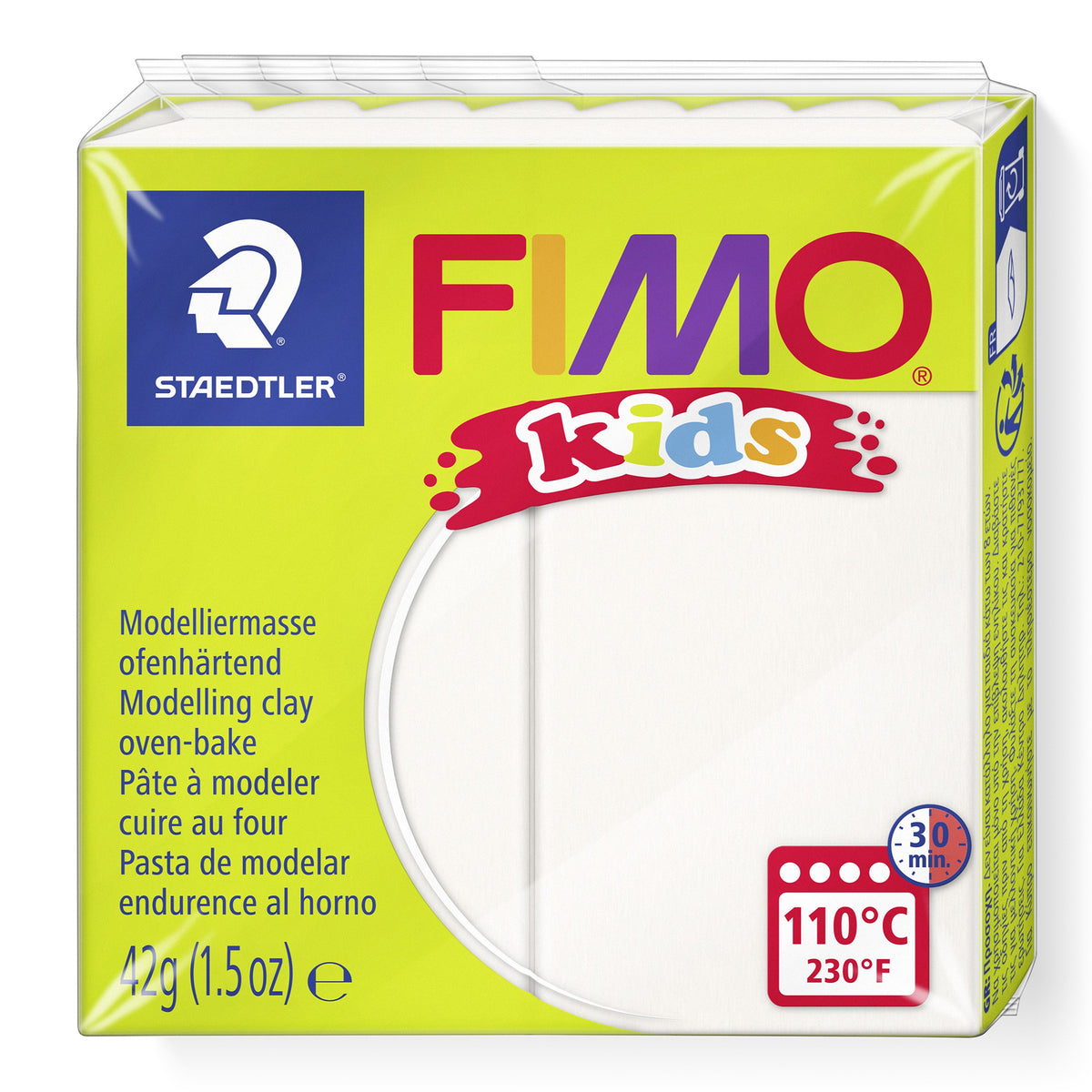 Staedtler FIMO kids white modelling clay 8030-0 in the current pack with lime-green band, 110°C 30 min oven symbol and 42 g printed