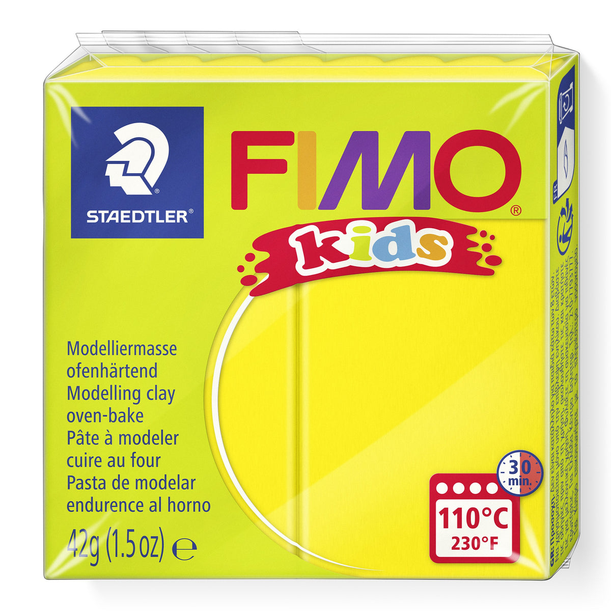 Staedtler FIMO kids yellow modelling clay 8030-1 in the current pack with lime-green band, 110°C 30 min oven symbol and 42 g printed