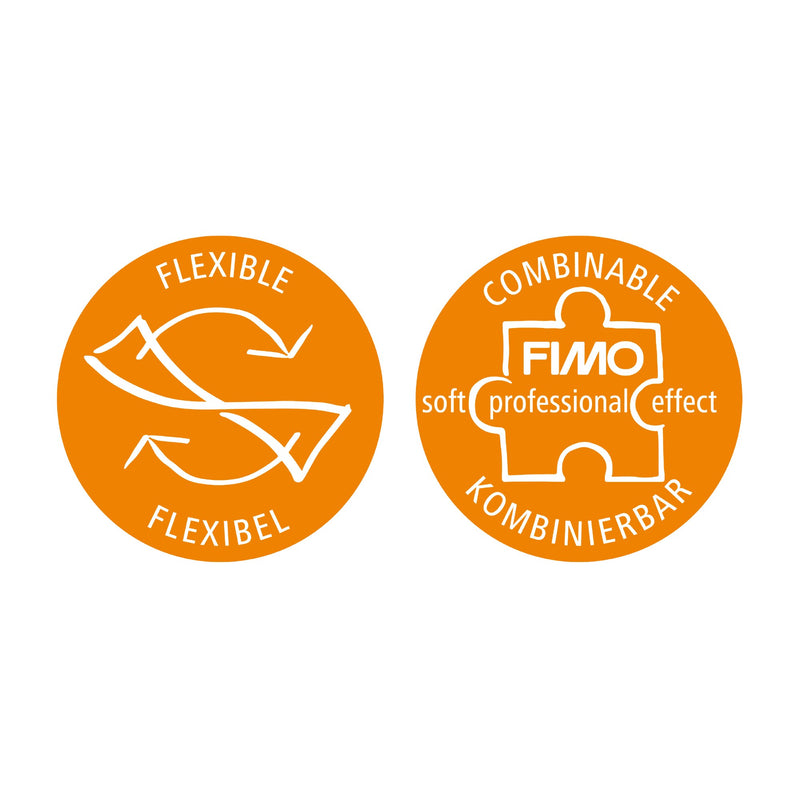 Two orange FIMO liquid icons, one marked flexible and one marked combinable with FIMO soft, professional and effect