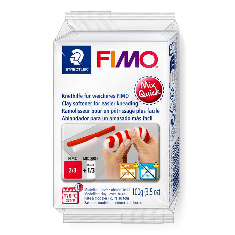 FIMO Mix Quick 8026 clay softener in the current Staedtler pack, showing hands twisting red and white clay and the 2/3 FIMO plus max. 1/3 Mix Quick ratio