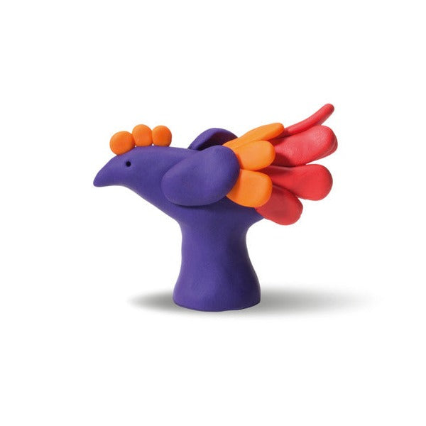 Purple bird with orange and red tail feathers perched on a stand, a general FIMO modelling example