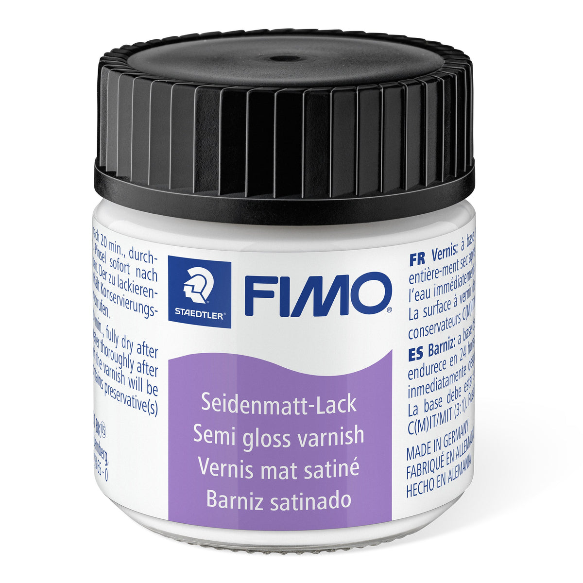 White FIMO semi-gloss varnish jar with a black screw lid and a purple label in four languages, MADE IN GERMANY printed on the side