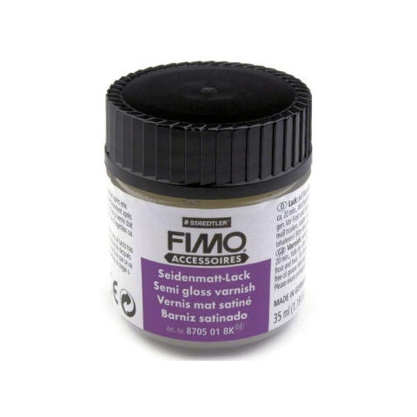 Earlier FIMO semi-gloss varnish jar with a FIMO ACCESSOIRES label and black lid, shown as previous packaging