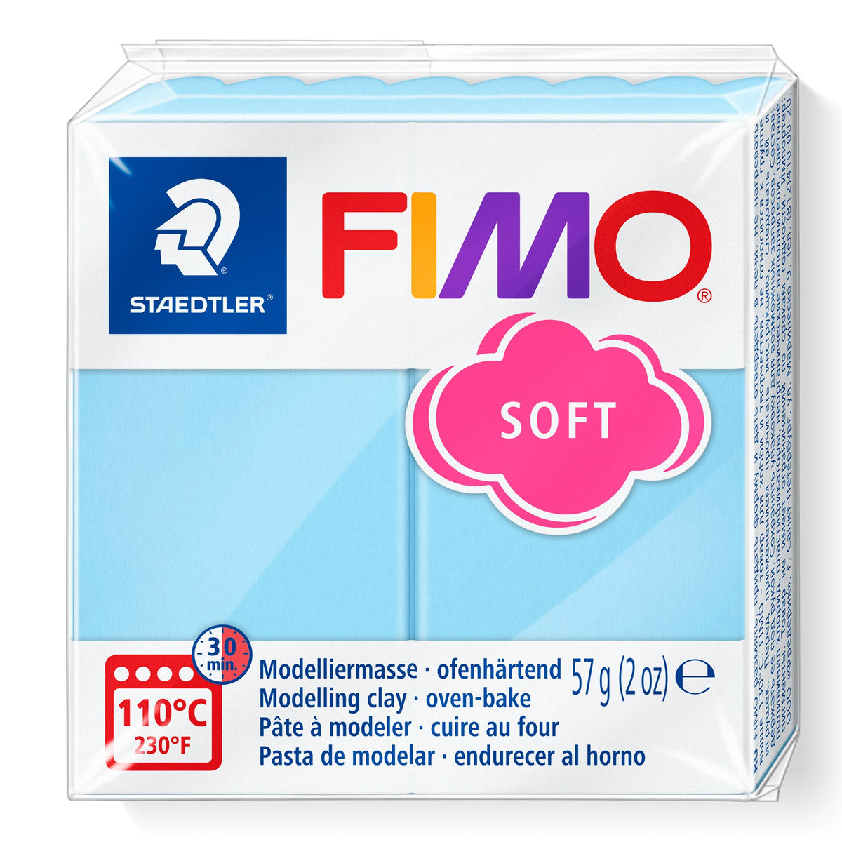 Staedtler FIMO soft 57g pack in aqua, white wrapper with a pale blue clay panel, pink SOFT cloud logo and 110°C 30 minutes oven symbol