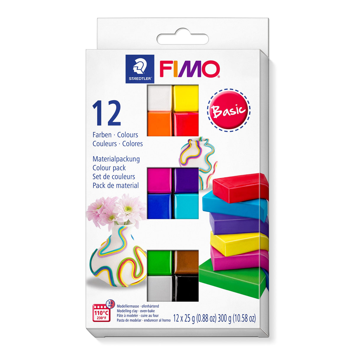 Current box of the FIMO 'basic' starter set 8023 C12-1 with 12 colour squares, 12 x 25 g (0.88 oz) 300 g and the 110°C oven mark