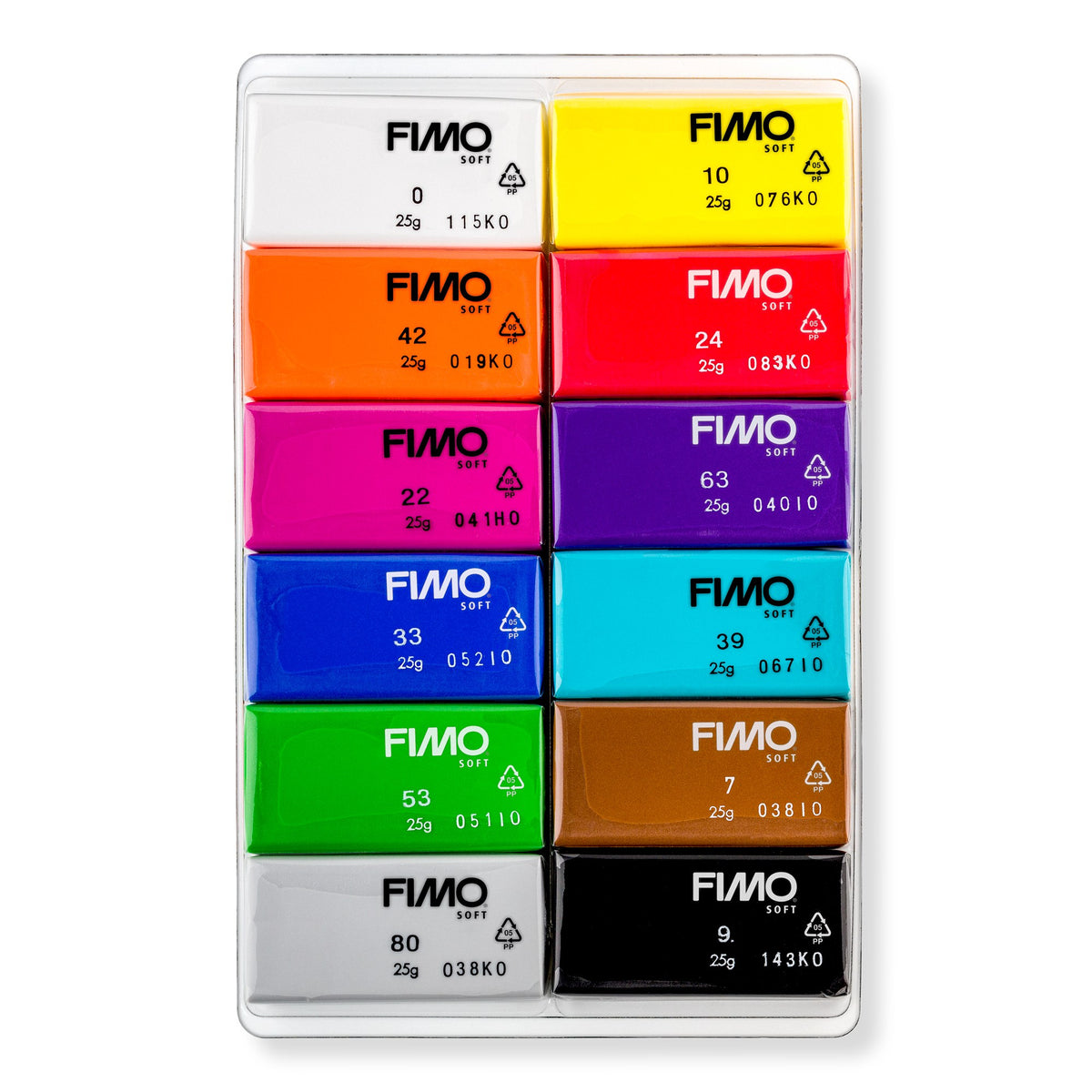 Tray of 12 FIMO soft 25 g half blocks numbered 0, 10, 42, 24, 22, 63, 33, 39, 53, 7, 80 and 9