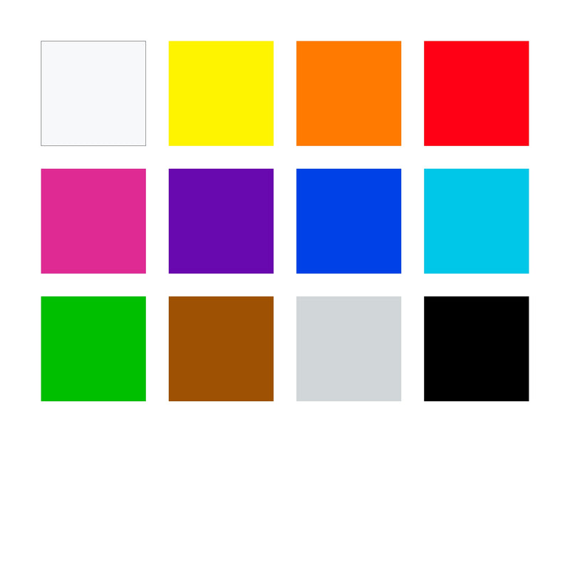 Colour chart of the 12 shades in the set: white, yellow, orange, two reds, magenta, purple, blue, turquoise, green, brown, grey and black