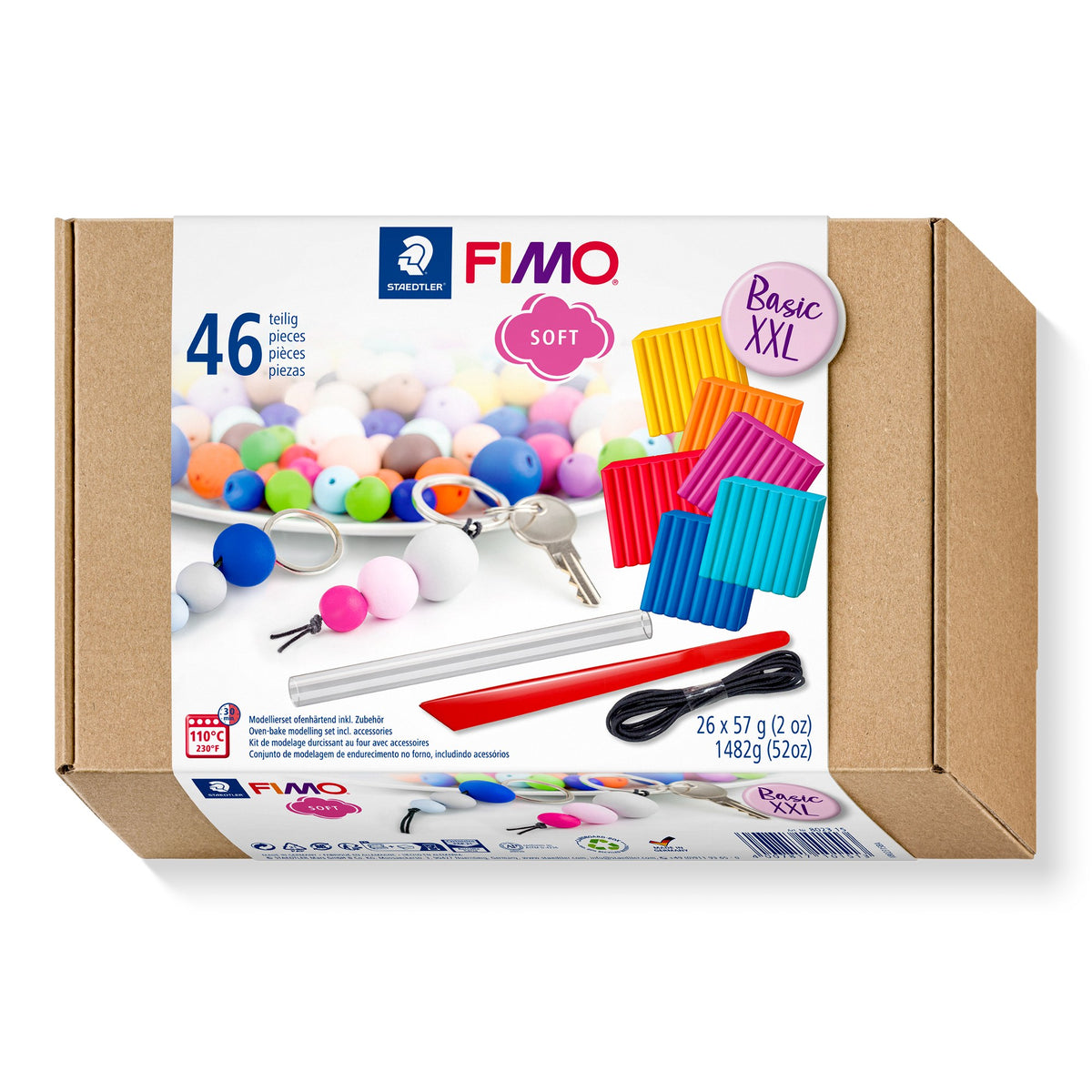 FIMO soft Basic XXL 8023 15 kraft box with 46 pieces printed in large figures, coloured clay blocks, beads and a keyring on the front panel