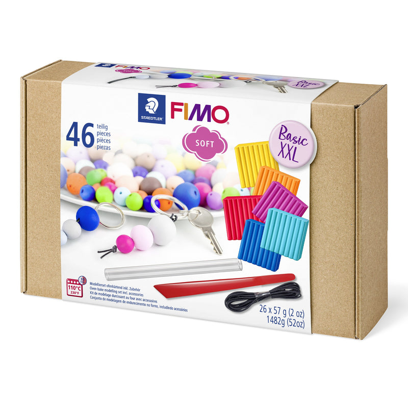 FIMO soft Basic XXL box seen from a lower angle, showing the 26 x 57 g and 1482 g weight panel and the Basic XXL badge