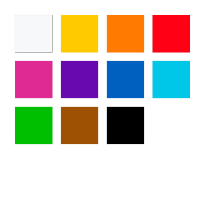 Colour chart for the FIMO soft Basic XXL set with eleven square swatches running from white and yellow through blue and green to brown and black